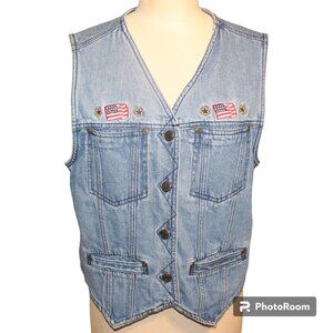 Vintage SOLUTIONS ORIGINAL Denim Jean Vest Sz Large Embroidered American Patch